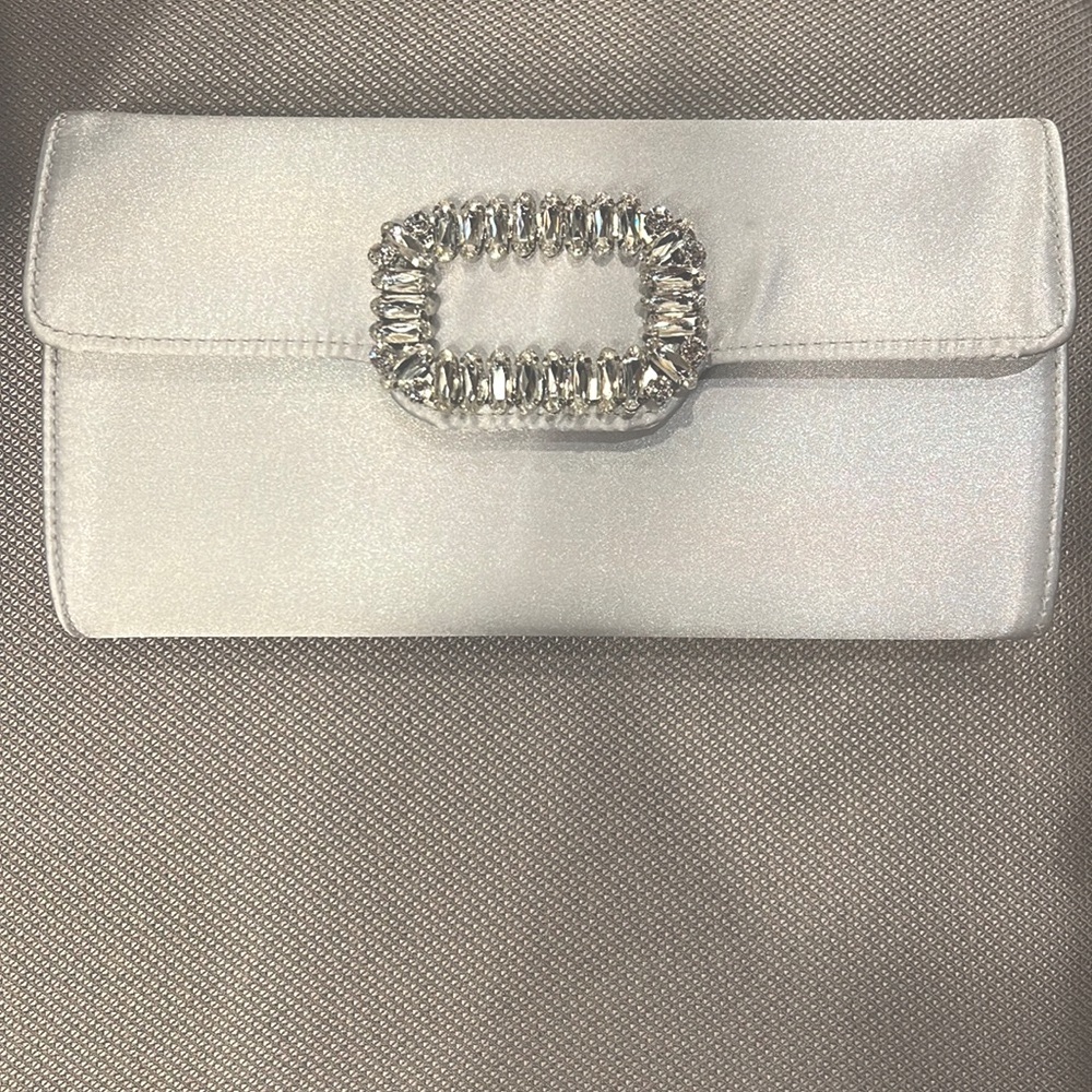 Silver satin evening clutch